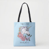 Witte eenhoorn roze bloemen blauw tote bag (Voorkant)