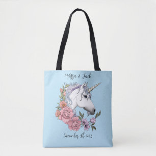 Witte eenhoorn roze bloemen blauw tote bag