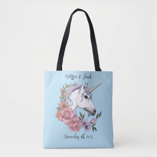 Witte eenhoorn roze bloemen blauw tote bag (Voorkant)