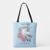 Witte eenhoorn roze bloemen blauw tote bag (Achterkant)