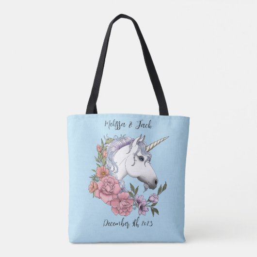 Witte eenhoorn roze bloemen blauw tote bag (Achterkant)