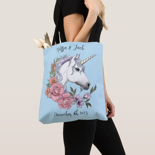 Witte eenhoorn roze bloemen blauw tote bag (Dichtbij)