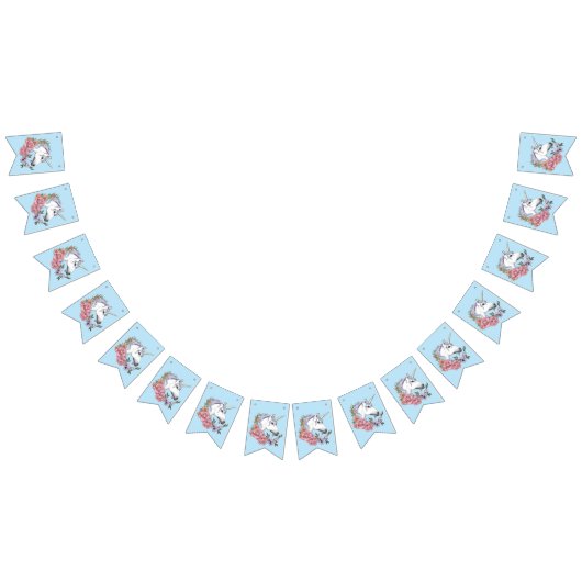 Witte eenhoorn roze bloemen blauw vlaggetjes (Alle)