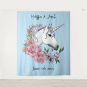 Witte eenhoorn roze bloemen blauw wandkleed (Voorkant)