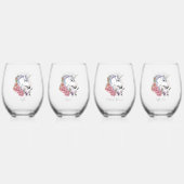 Witte eenhoorn roze bloemen blauw wijnglas zonder voet (Voorkant)