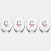 Witte eenhoorn roze bloemen blauw wijnglas zonder voet (Achterkant)