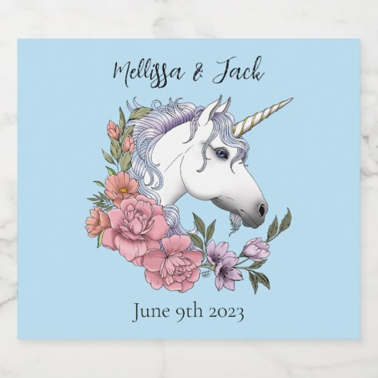 Witte Eenhoorn Roze Bloemen Blauwe Bruiloft Bier Etiket (Enkel label)