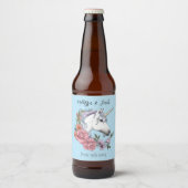 Witte Eenhoorn Roze Bloemen Blauwe Bruiloft Bier Etiket (Voorkant)