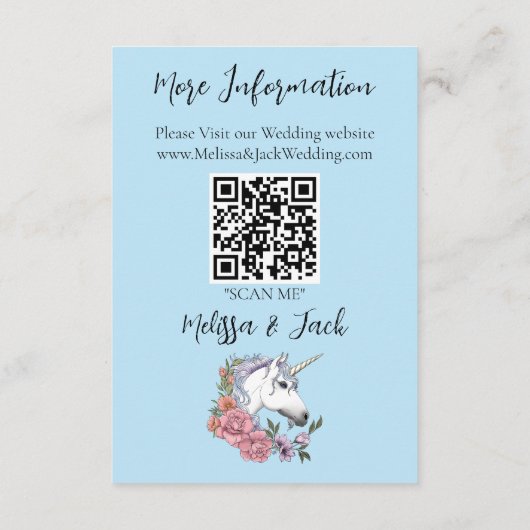 Witte Eenhoorn Roze Bloemen Blauwe Bruiloft Informatiekaartje (Achterkant)