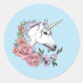 Witte Eenhoorn Roze Bloemen Blauwe Bruiloft Ronde Sticker (Voorkant)