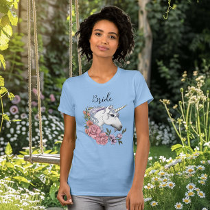 Witte Eenhoorn Roze Bloemen Blauwe Bruiloft T-shirt