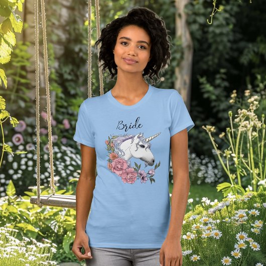 Witte Eenhoorn Roze Bloemen Blauwe Bruiloft T-shirt