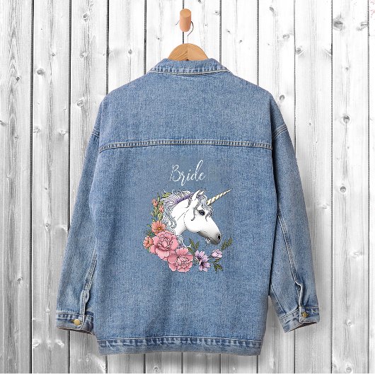 Witte Eenhoorn Roze Bloemen Bruiloft Denim Jacket