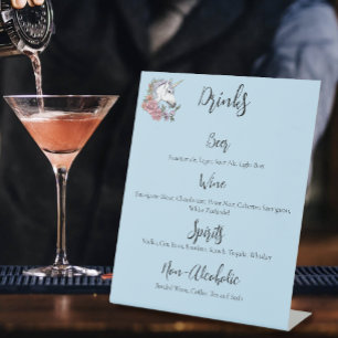Witte Eenhoorn RozeBloemen Blauw Trouwen Drinken M Reclamebord Met Voetstuk