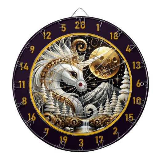 Witte Eenhoorn schijnt onder Gouden Maan Dartbord (Voorkant)