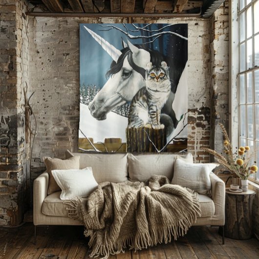 Witte Eenhoorn Tabby Kat Fantasie Wandkleed