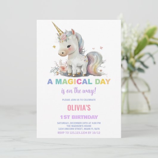 Witte Eenhoorn Verjaardag Uitnodigingen (Staand voorkant)