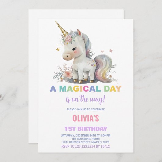 Witte Eenhoorn Verjaardag Uitnodigingen (Voorkant / Achterkant)