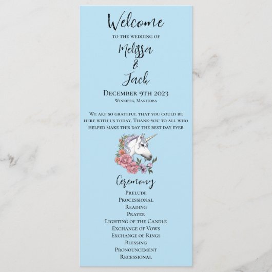 Witte EenhoornRoze Bloemen Blauw Programmakaart (Voorkant)