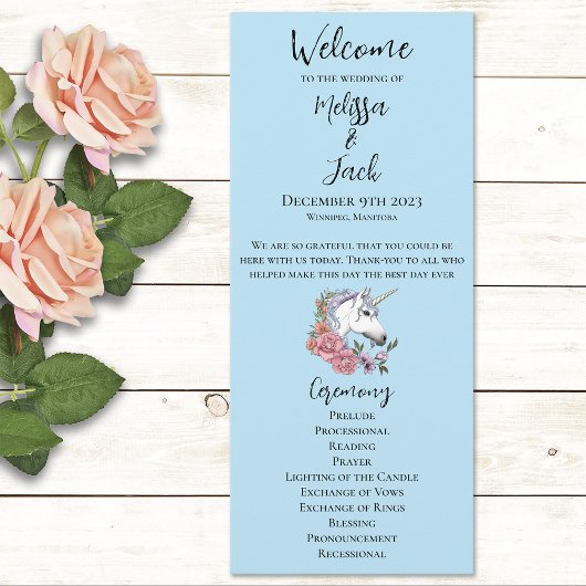 Witte EenhoornRoze Bloemen Blauw Programmakaart