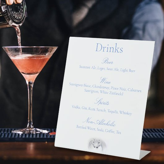 Witte Eenhoorns Liefde Paar Drinken Menu Reclamebord Met Voetstuk