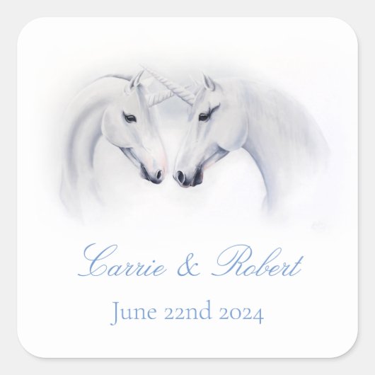 Witte Eenhoorns Liefde Paar Vierkante Sticker (Voorkant)