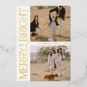 Witte Eenvoudige Foto "Merry and Bright" Tekst Folie Feestdagenkaart (Voorkant)