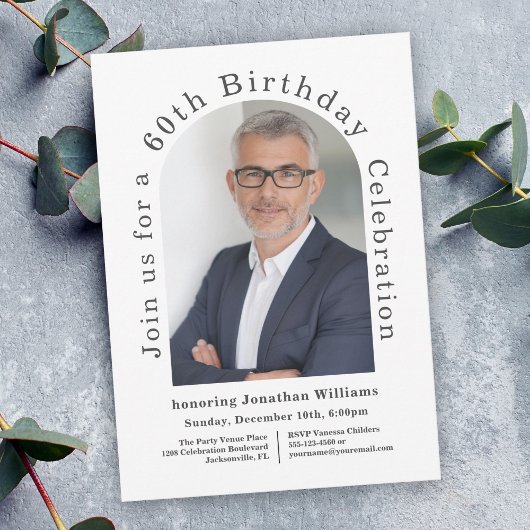 Witte Eenvoudige Fotoboog 60e Verjaardagsfeestje Kaart