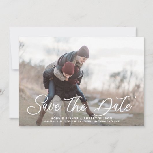 Witte Eenvoudige Kalligrafie Foto Save The Date (Voorkant)