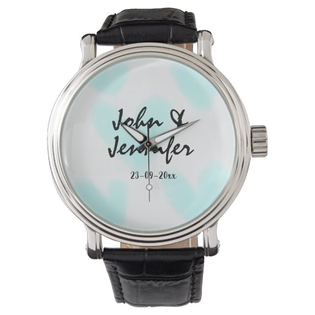 witte eenvoudige minimale tekst stijl trouwen blau horloge (Voorkant)