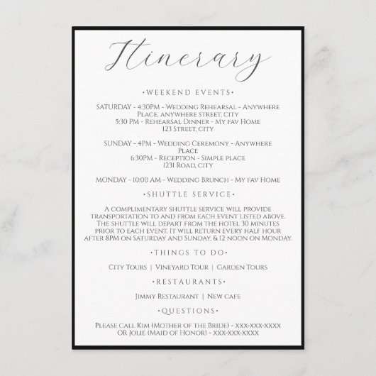 Witte eenvoudige minimalistische trouwweekend rout informatiekaartje (Achterkant)