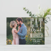 Witte Eet, Drink en Trouw Calligrafie Foto Save The Date (Staand voorkant)