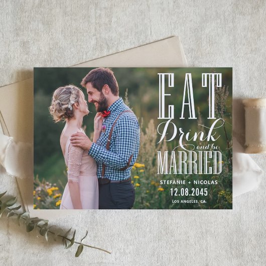 Witte Eet, Drink en Trouw Calligrafie Foto Save The Date