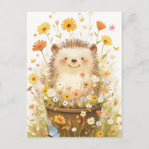 Witte Egel in Bloempot met Gele Margriet Briefkaart