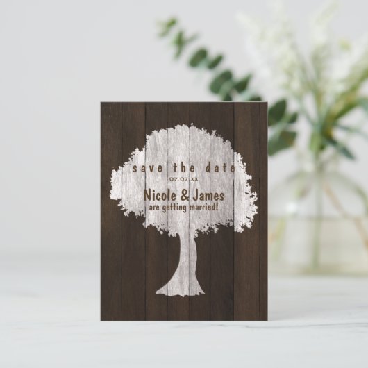 Witte Eikenboom Hout Rustieke Save The Date Postka Aankondigingskaart (Staand voorkant)