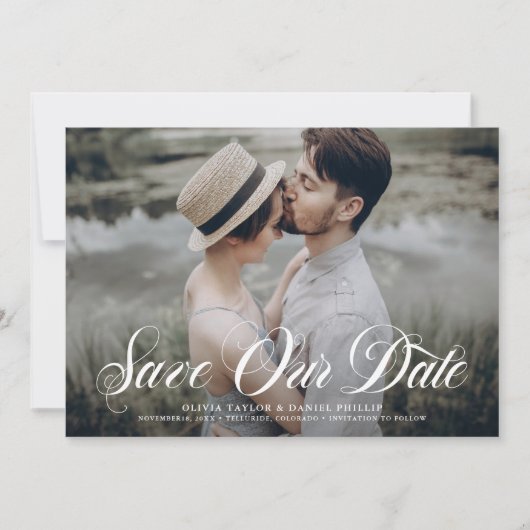 Witte Elegante Bloei Schrift Foto Save The Date (Voorkant)