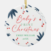 Witte Elegante Bloemen Foto Baby's Eerste Kerstmis Keramisch Ornament (Voorkant)