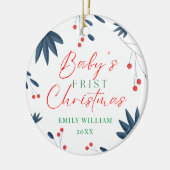 Witte Elegante Bloemen Foto Baby's Eerste Kerstmis Keramisch Ornament (Links)