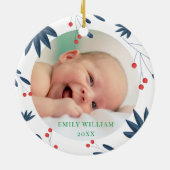 Witte Elegante Bloemen Foto Baby's Eerste Kerstmis Keramisch Ornament (Achterkant)
