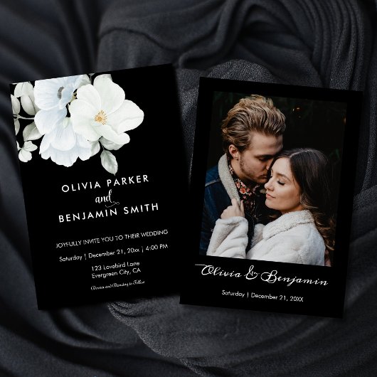 Witte Elegante Bloemen Foto Moderne Zwarte Bruilof Kaart
