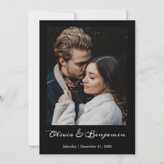 Witte Elegante Bloemen Foto Moderne Zwarte Bruilof Kaart (Achterkant)