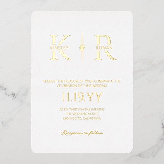 Witte Elegante Flare Monogram Huwelijk Folie Uitnodiging (Voorkant)