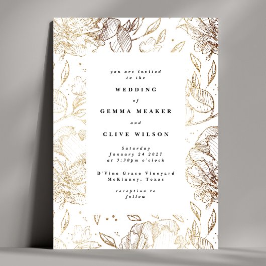 Witte Elegante Gouden Botanische Huwelijk Kaart