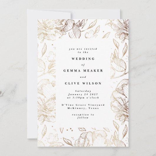 Witte Elegante Gouden Botanische Huwelijk Kaart (Voorkant)