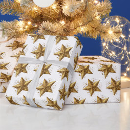 Witte Elegante Gouden Sterren Patroon Nieuwjaar wi Cadeaupapier