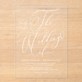 Witte elegante grillige kalligrafie bruiloft acryl uitnodigingen (Voorkant)