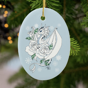 Witte Elegante Ijsdraak Blauwe Rozen Fantasie Keramisch Ornament