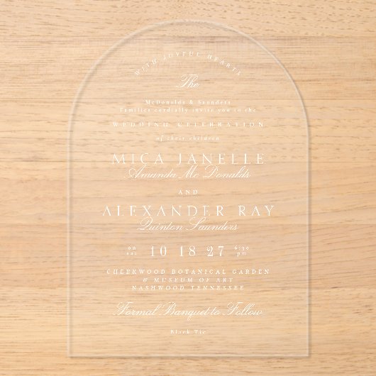 Witte Elegante Kalligrafie Formele Trouwboog Acryl Uitnodigingen (Voorkant)