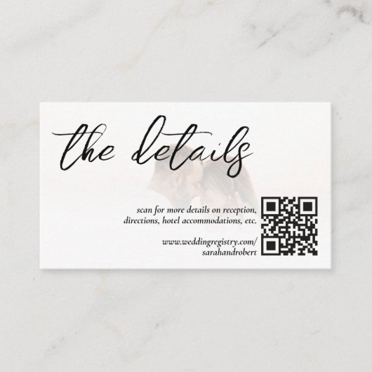 Witte Elegante QR Code Foto Bruiloft Details Informatiekaartje (Voorkant)