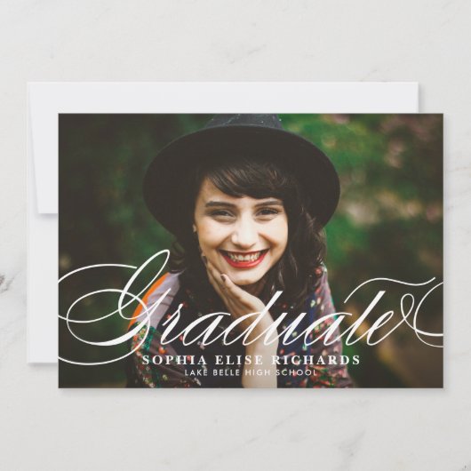 Witte Elegante Script Foto Afstuderen Kaart (Voorkant)